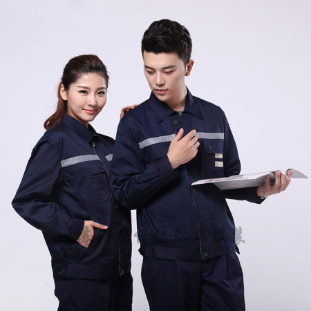 藏青拼米色涤棉线卡五金塑胶厂工作服AC090-WJ